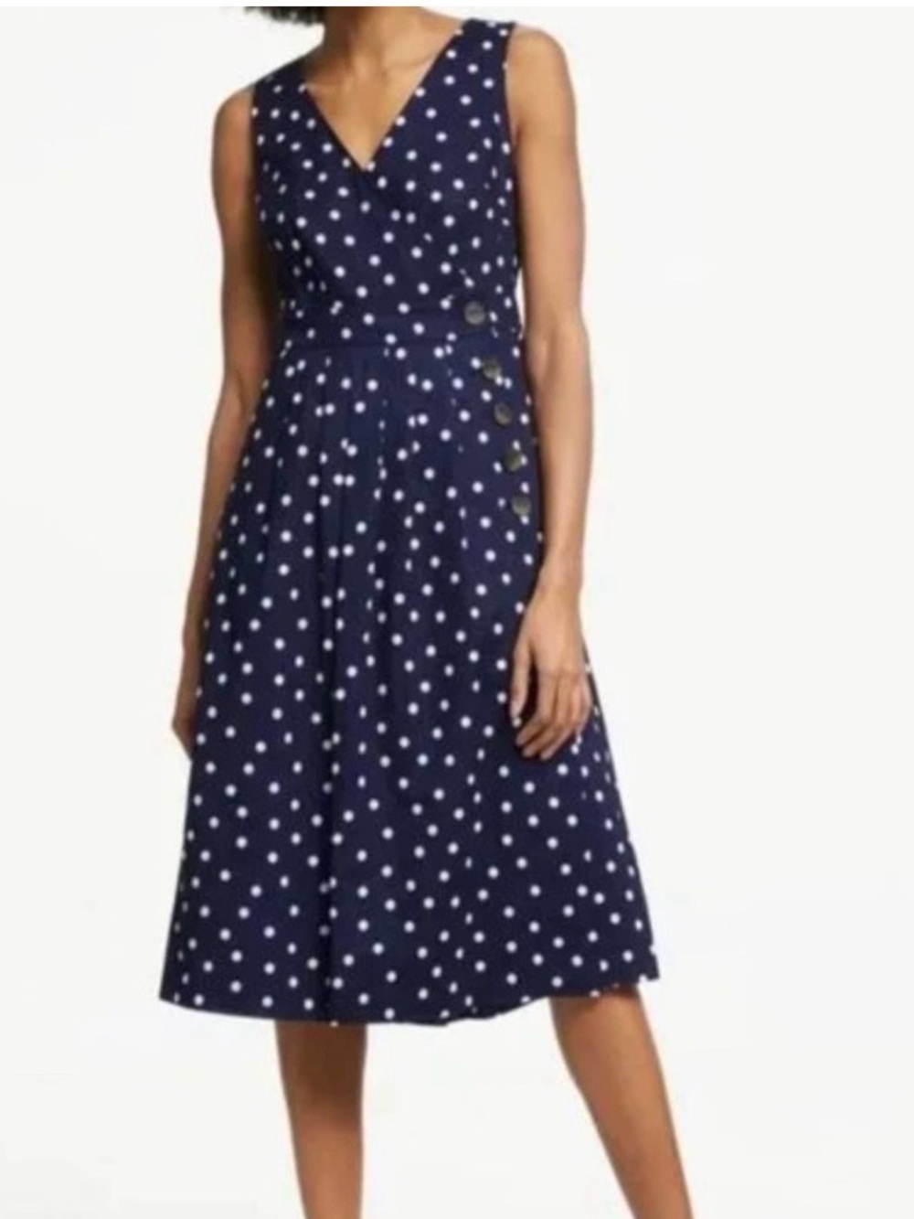 Biden Navy and White Polka Dot V‑Neck Midi Wrap Dress